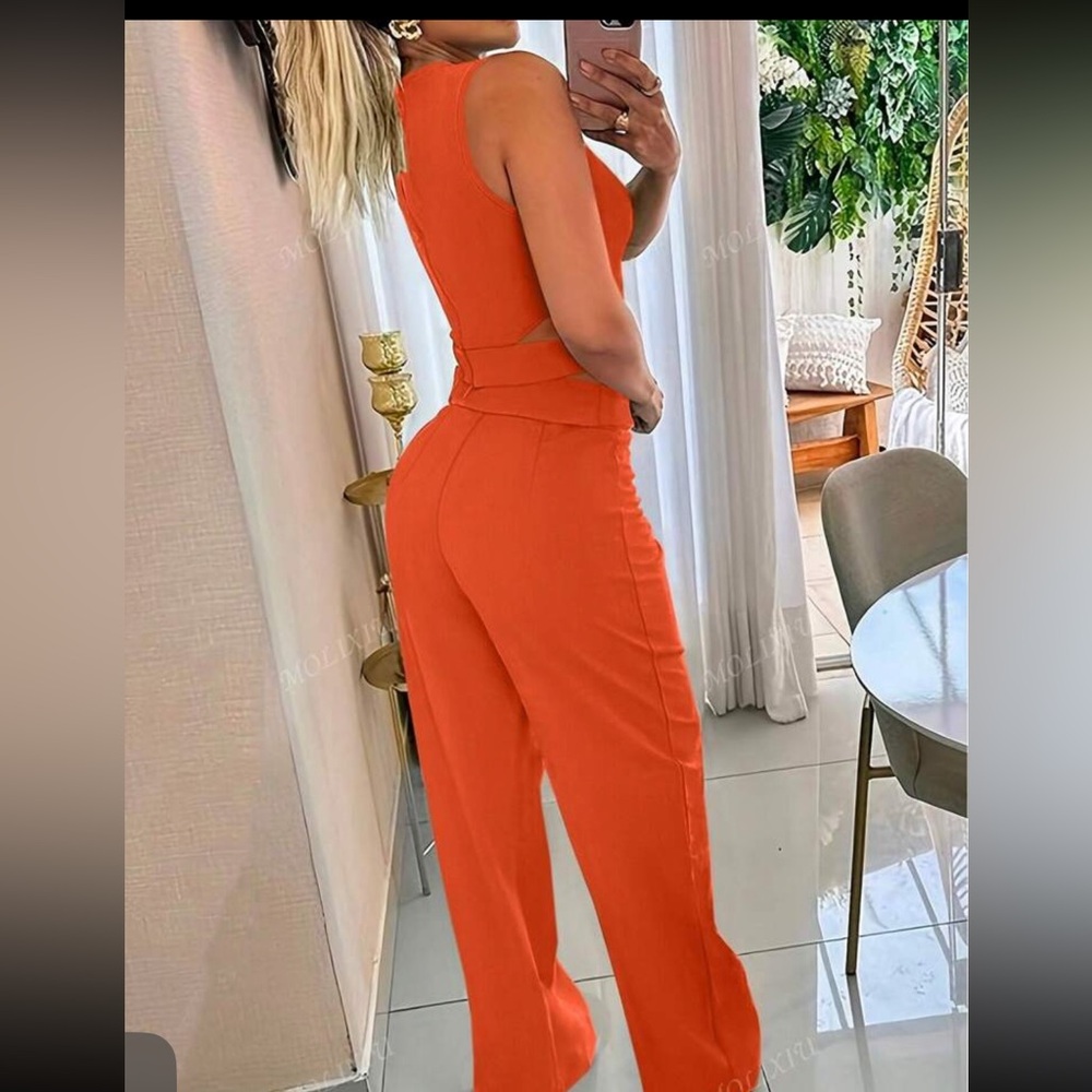 Women's Orange Two Piece Wide Leg Pants & Matching Cropped Top - Picture 2 of 3